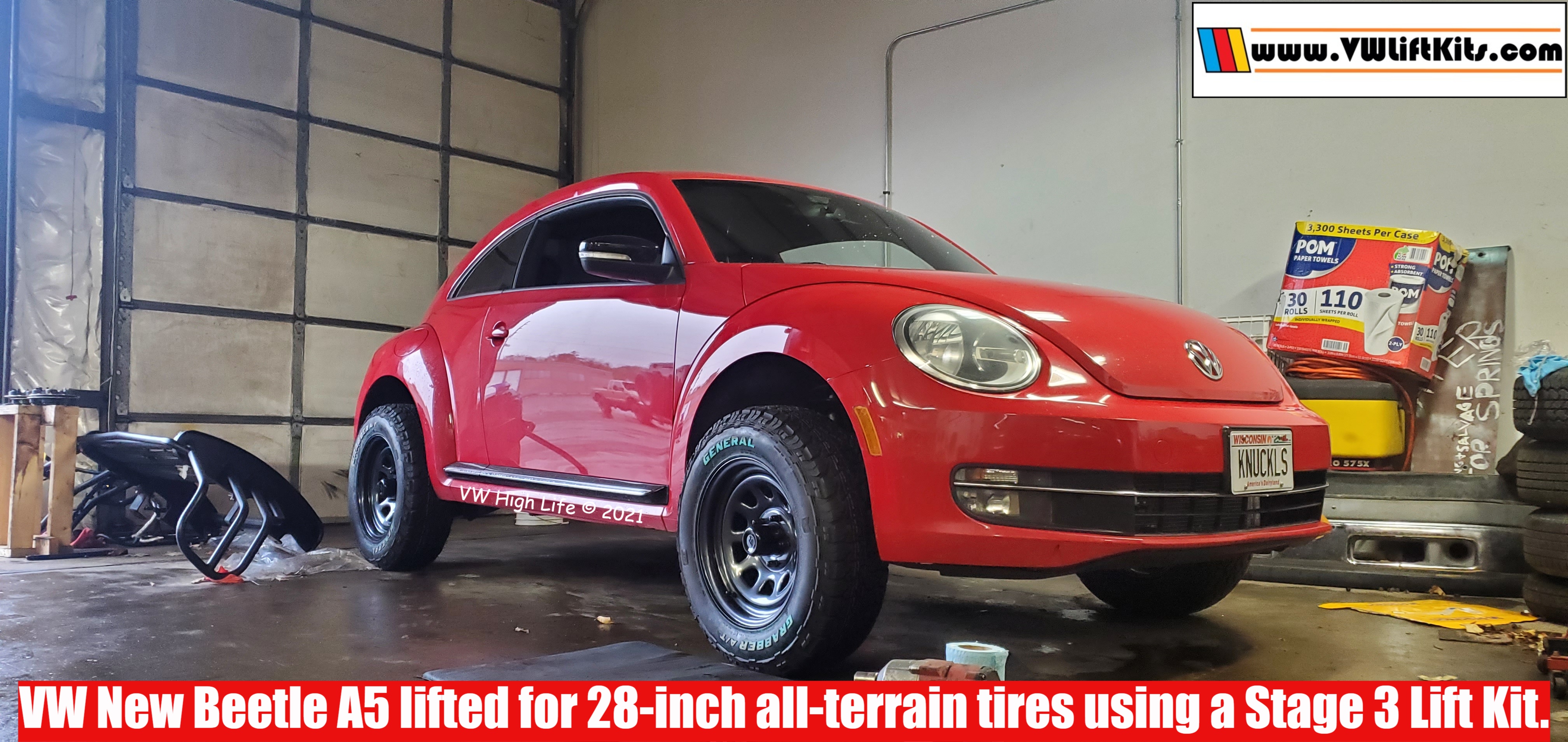 This VW New Beetle A5 aka "Knuckles" is properly raised w/ a Stage 3 Lift Kit for 28-inch AT tires.